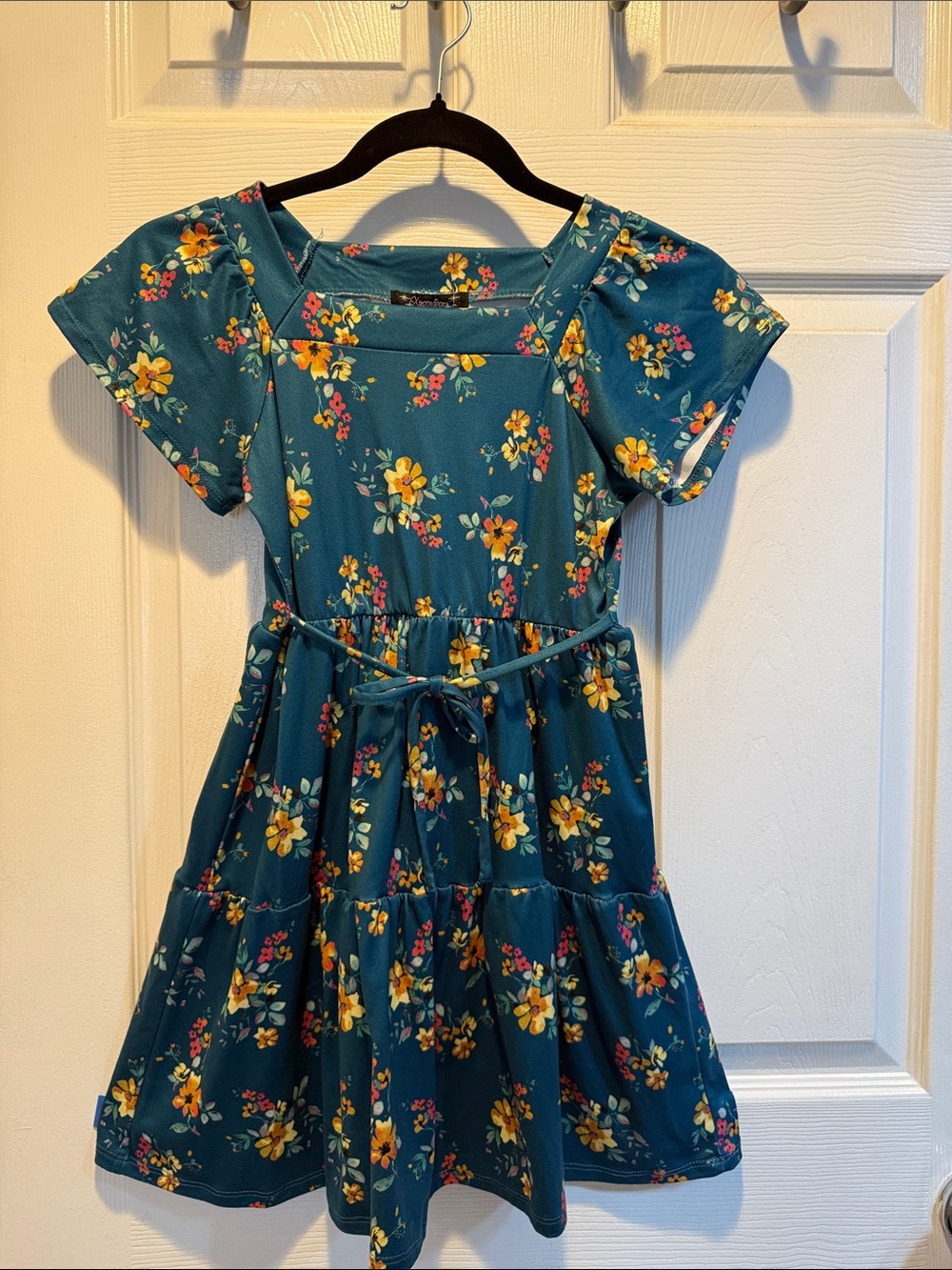 Xtraordinary Teal Floral 6x Girls' Dress with Yellow Orange Flowers